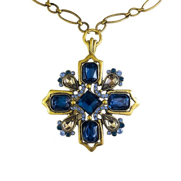 Vintage Large Goldtone Maltese Cross Pendant Necklace Blue & Clear Rhinestones - Picture 5 of 5